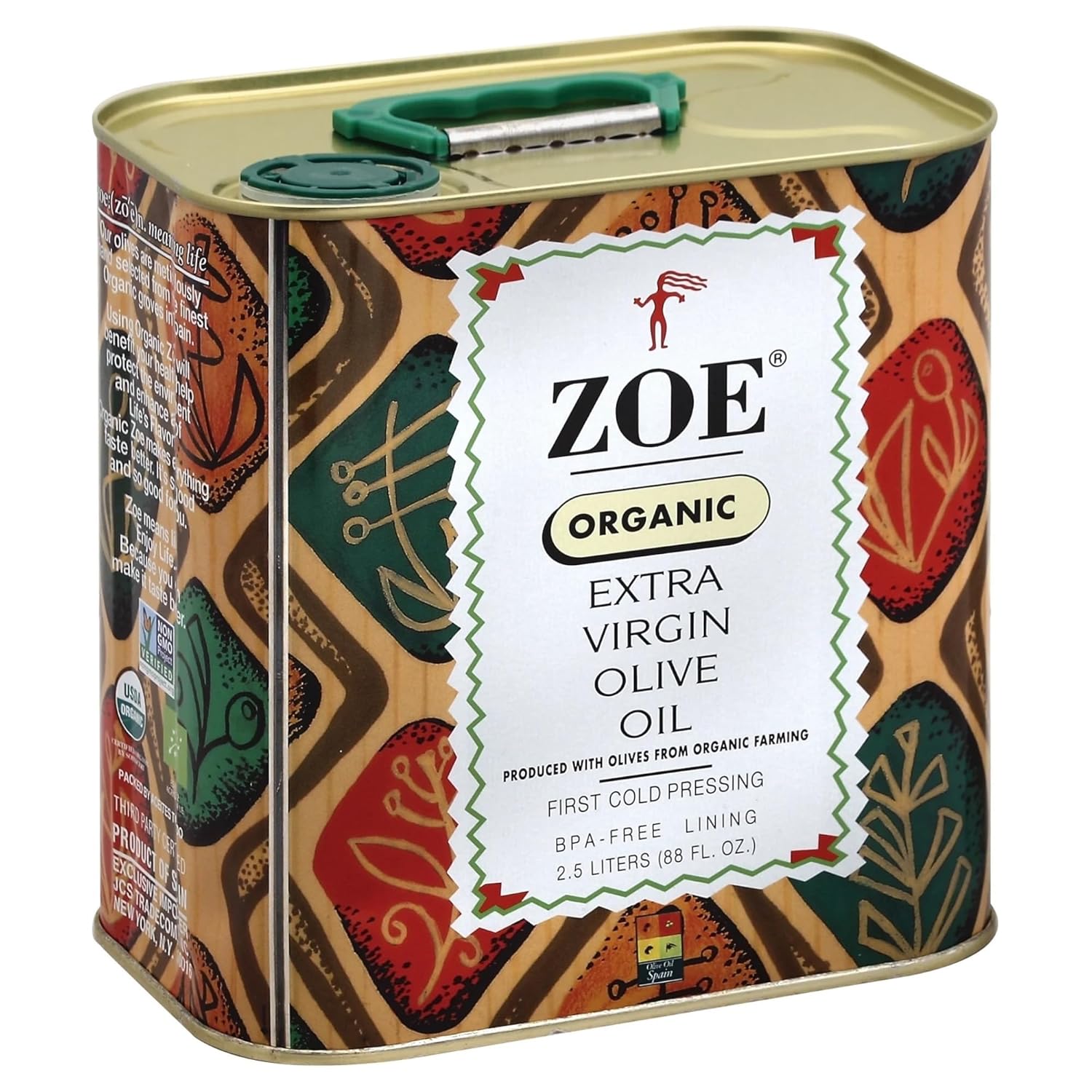 ZOE Organic EVOO 2.5L tin, front view