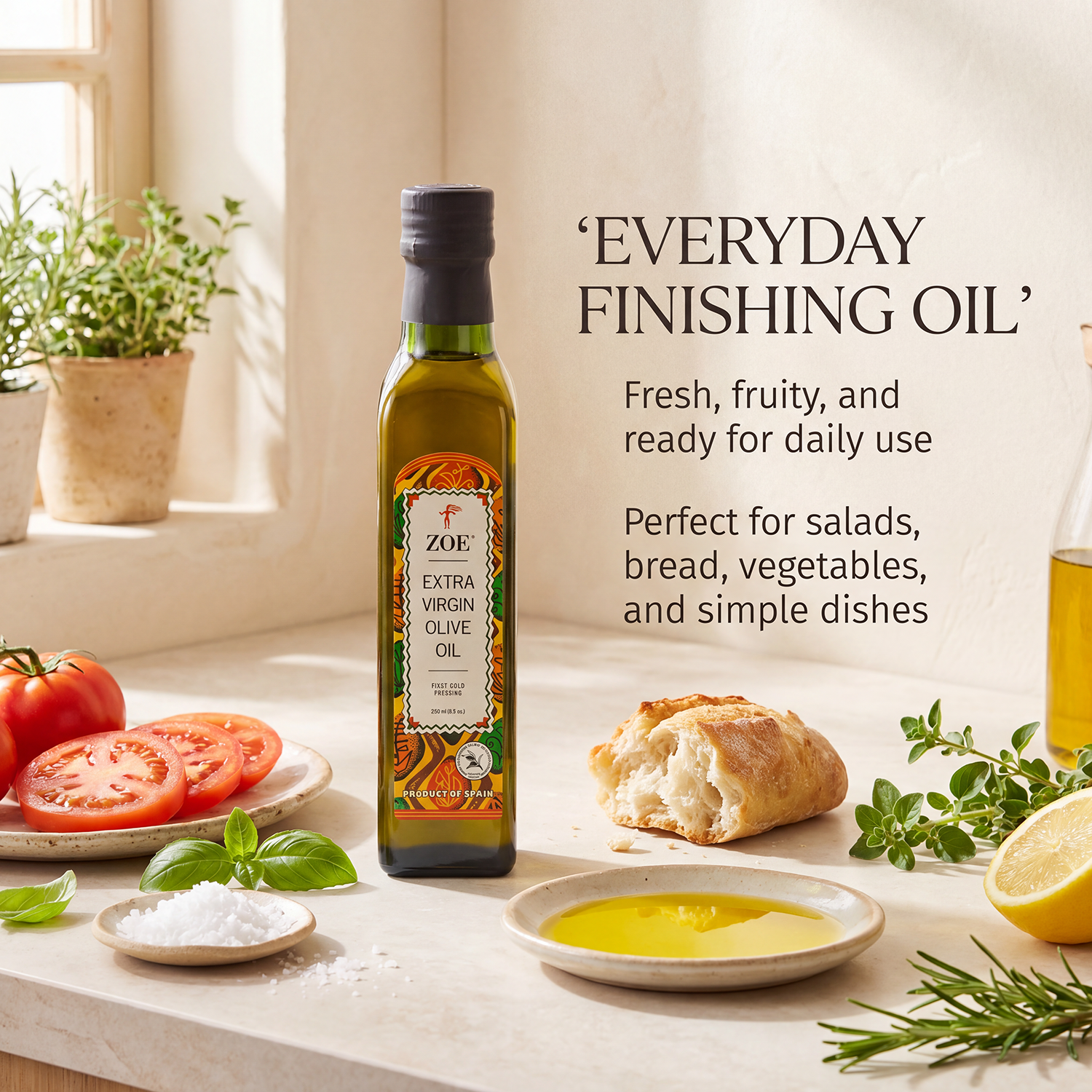 ZOE EVOO 250ml bottle, everyday use lifestyle shot