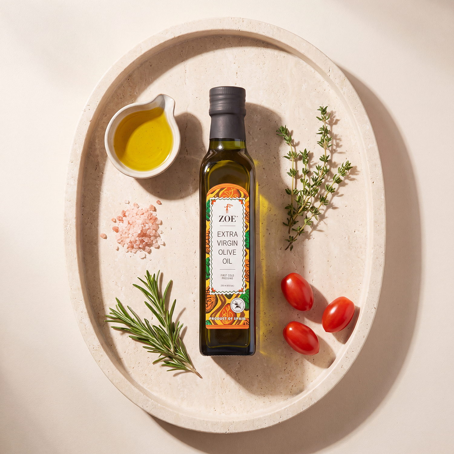 ZOE EVOO 250ml bottle, flat lay