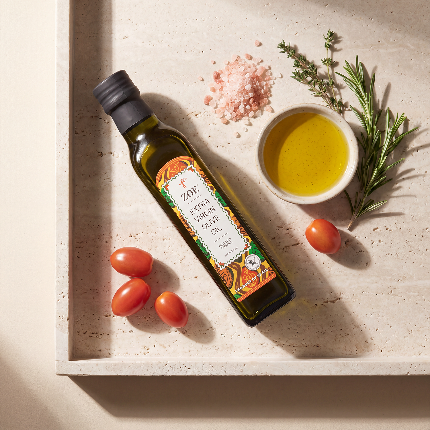 ZOE EVOO 250ml bottle, flat lay