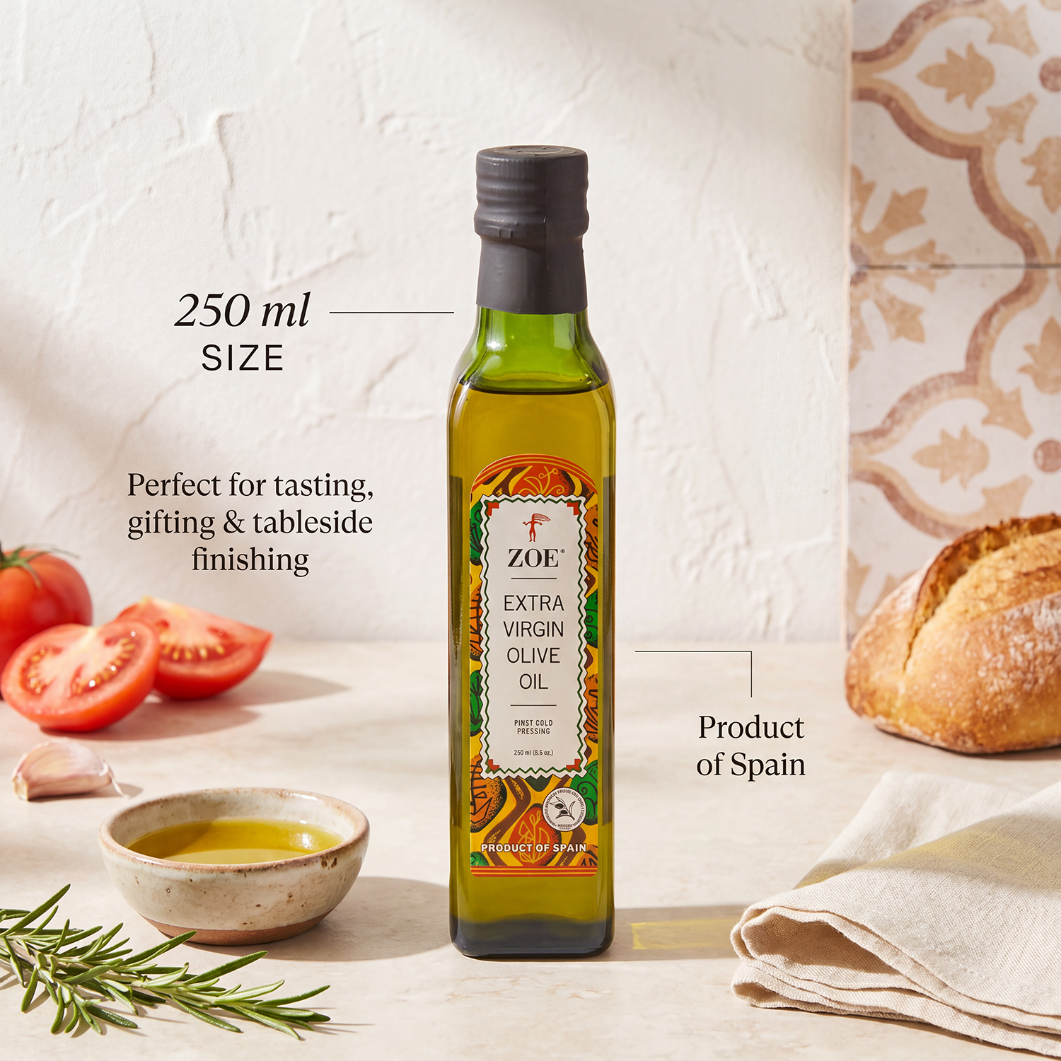 ZOE EVOO 250ml bottle, size comparison
