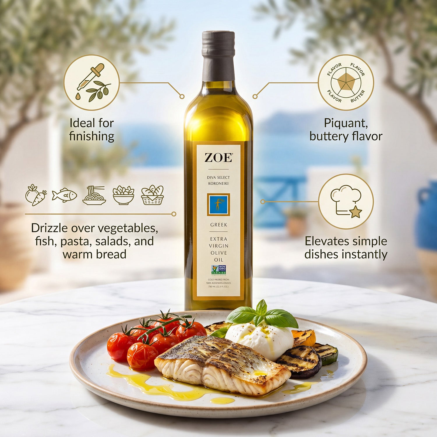 ZOE Diva Select Greek EVOO 750ml bottle, lifestyle shot