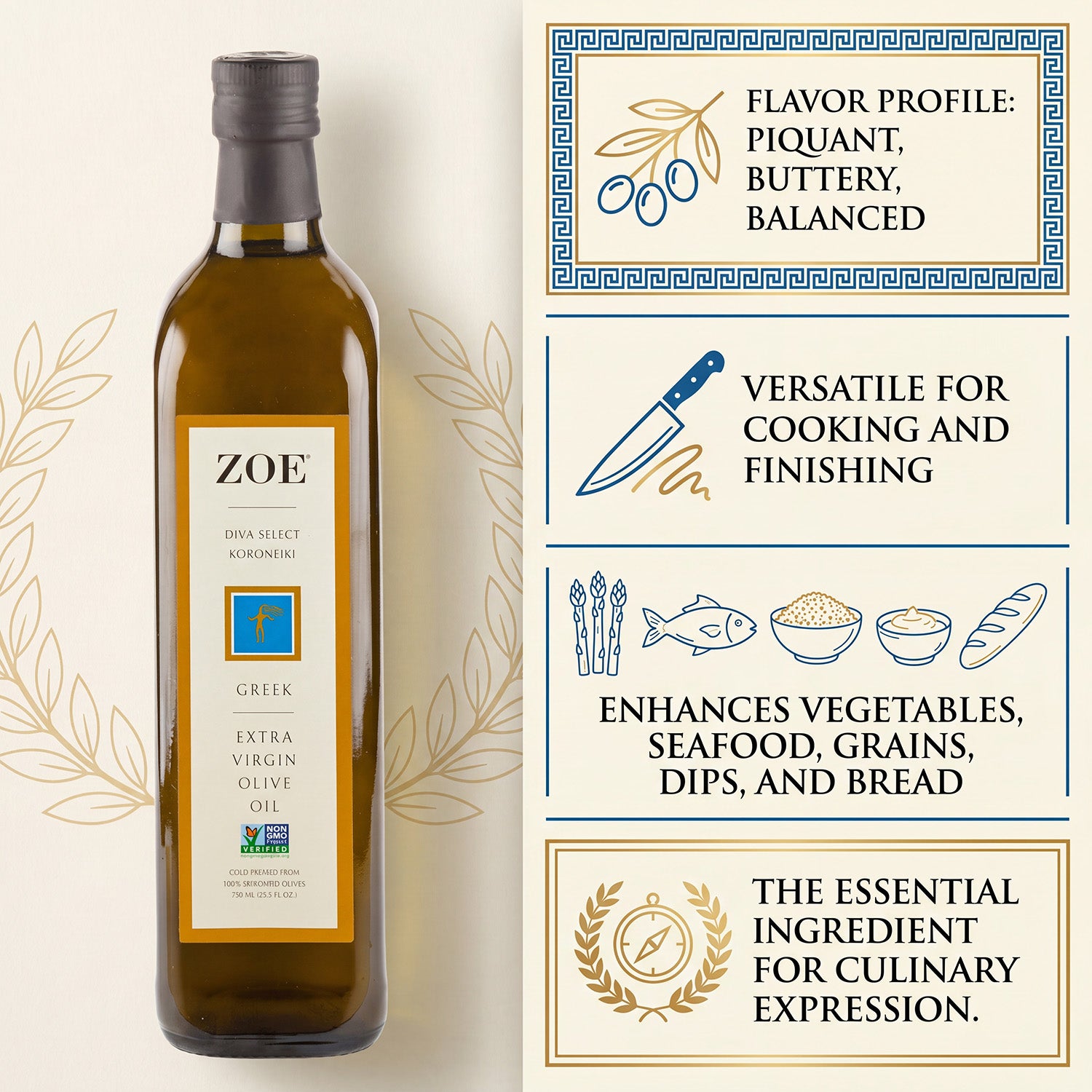 ZOE Diva Select Greek EVOO 750ml bottle, lifestyle shot