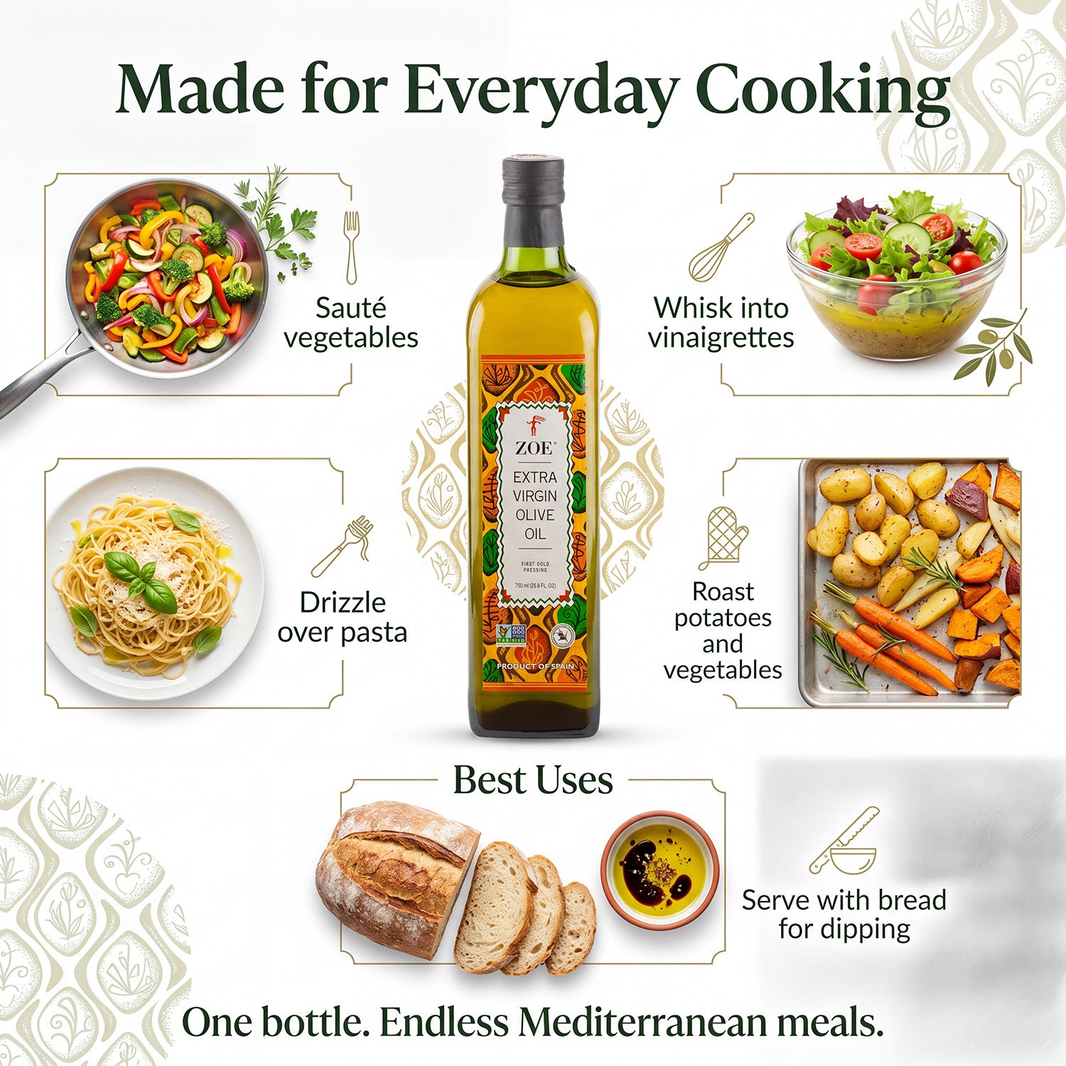 ZOE EVOO 750ml, made for the everyday cook infographic