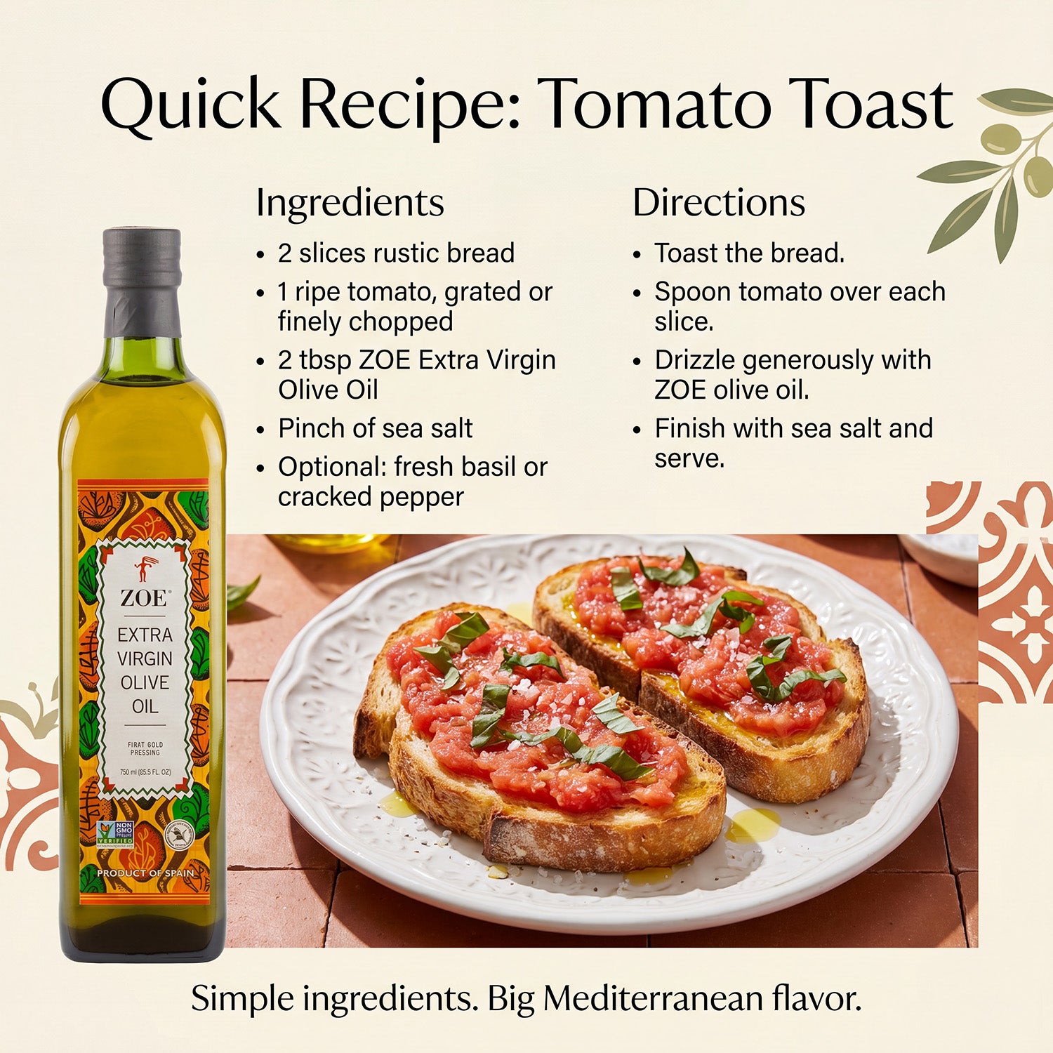 ZOE EVOO 750ml, quick recipe infographic