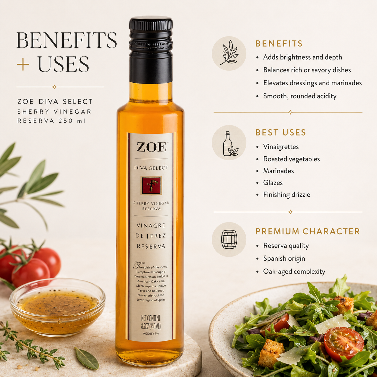 ZOE Sherry Vinegar benefits and uses infographic