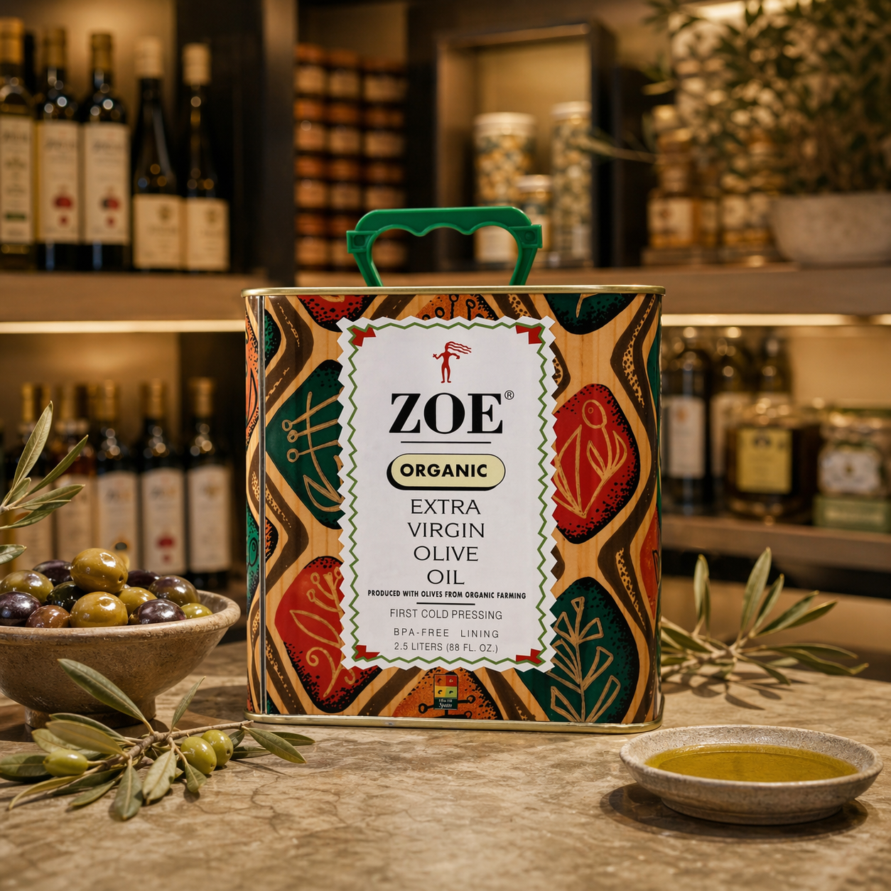 ZOE Organic EVOO 2.5L tin, lifestyle shot