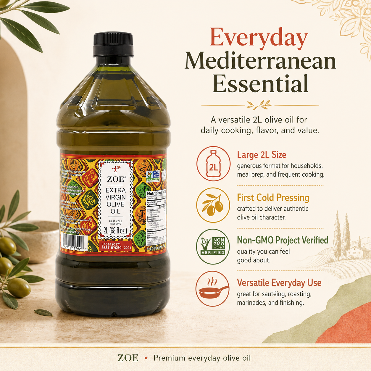 ZOE EVOO 2L bottle, product view