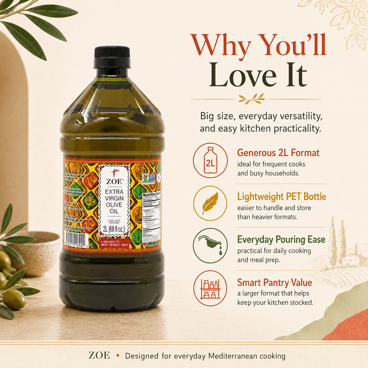 ZOE EVOO 2L bottle, product view