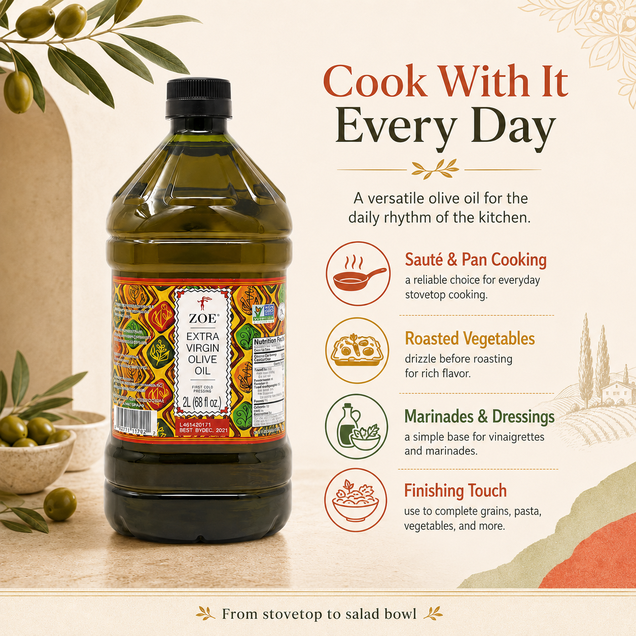 ZOE EVOO 2L bottle, product view