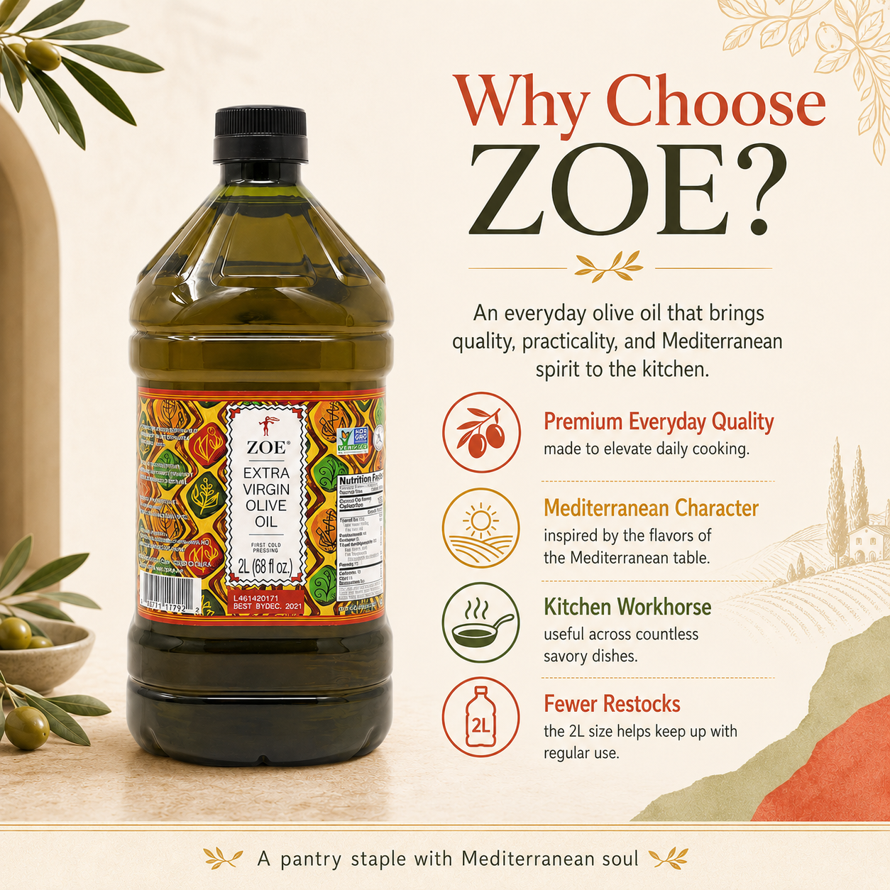 ZOE EVOO 2L bottle, lifestyle shot