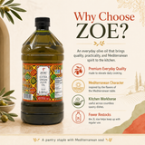 ZOE EVOO 2L bottle, lifestyle shot