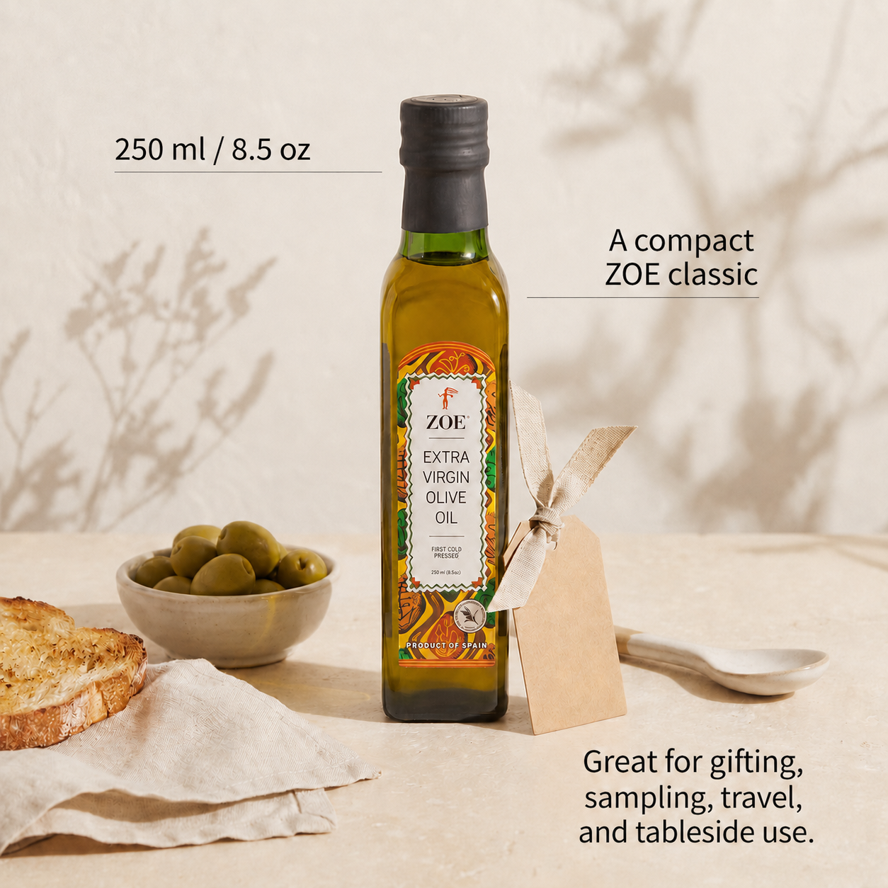 ZOE EVOO 250ml bottle, lifestyle shot