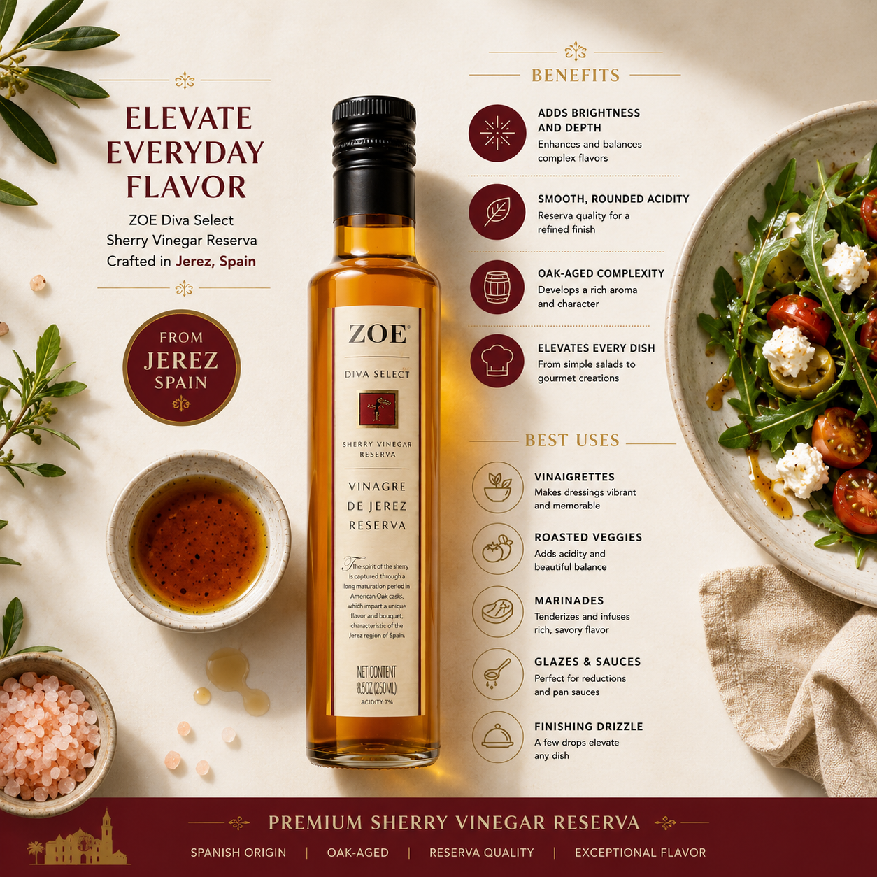 ZOE Sherry Vinegar infographic, elevate your cooking