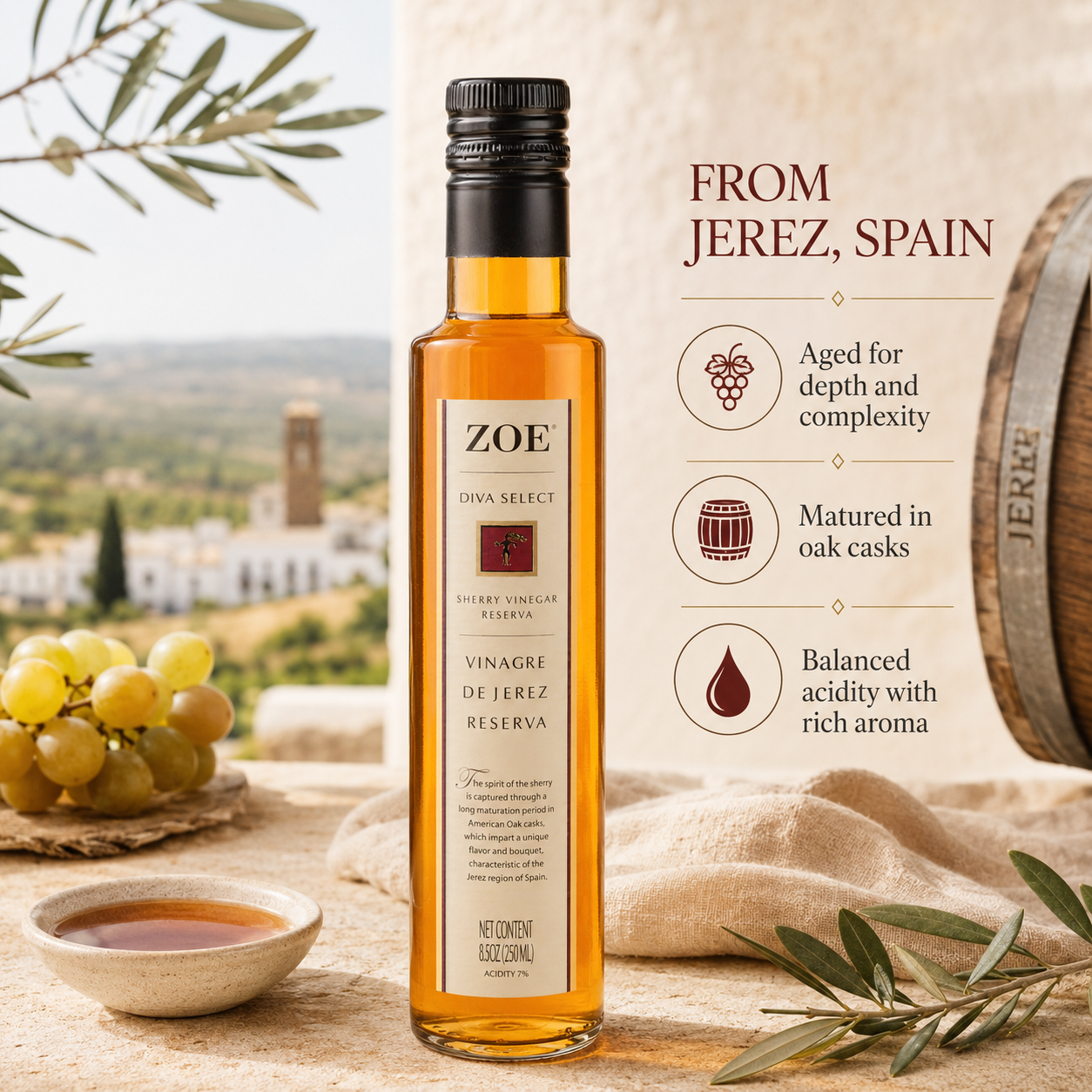 ZOE Sherry Vinegar infographic, from Jerez, Spain