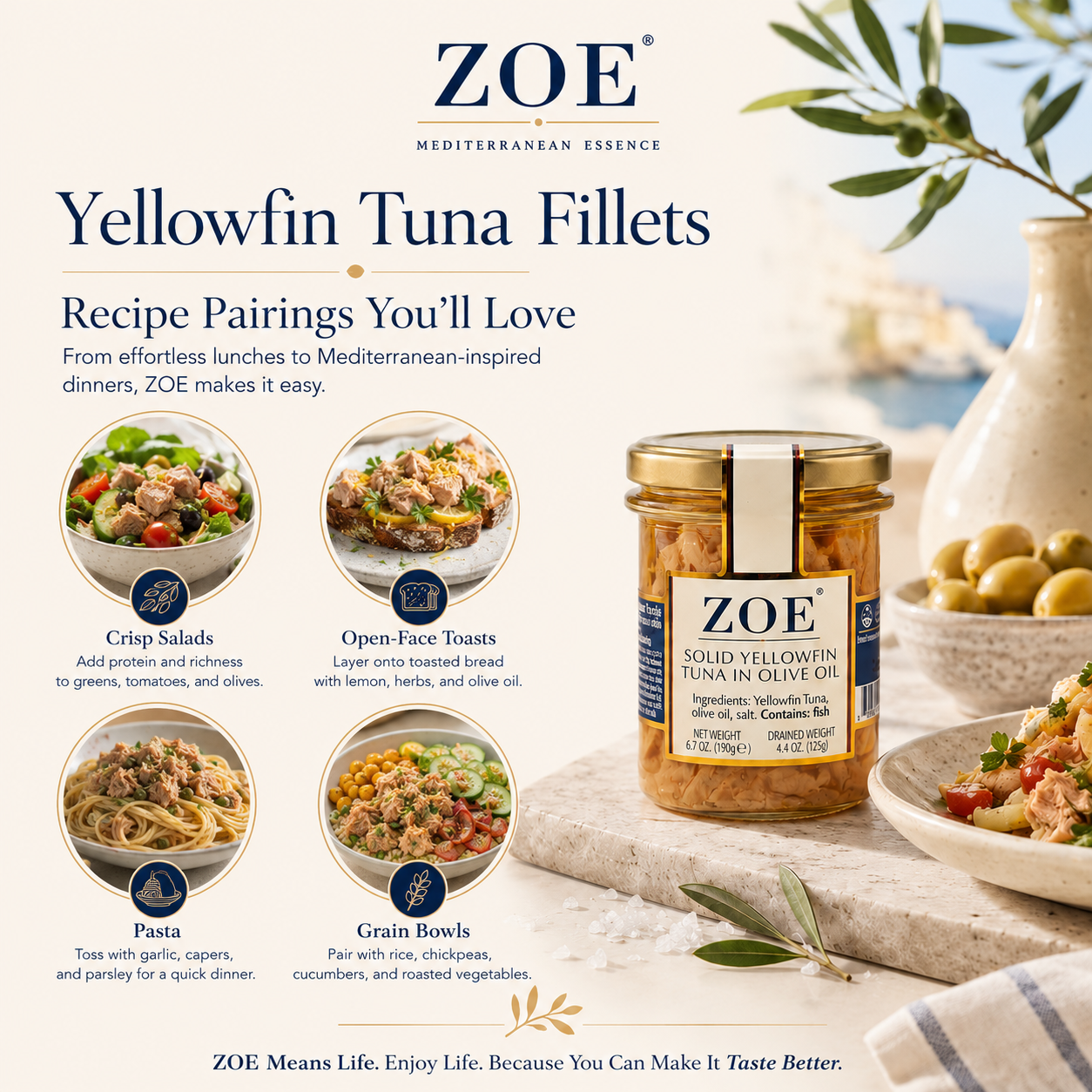 ZOE Yellowfin Tuna recipe pairings infographic