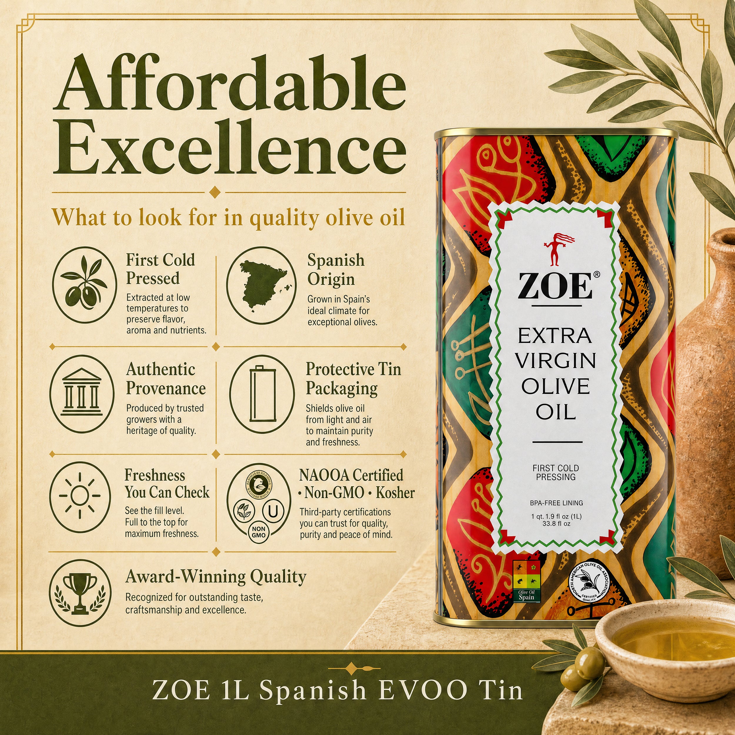 ZOE EVOO 1L, affordable excellence infographic