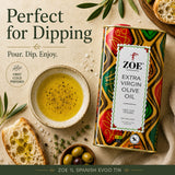 ZOE EVOO 1L tin, perfect for dipping infographic
