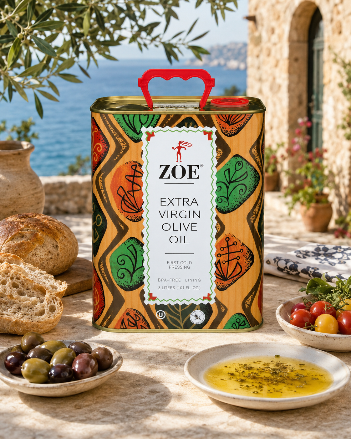 ZOE EVOO 3L tin, window light lifestyle shot