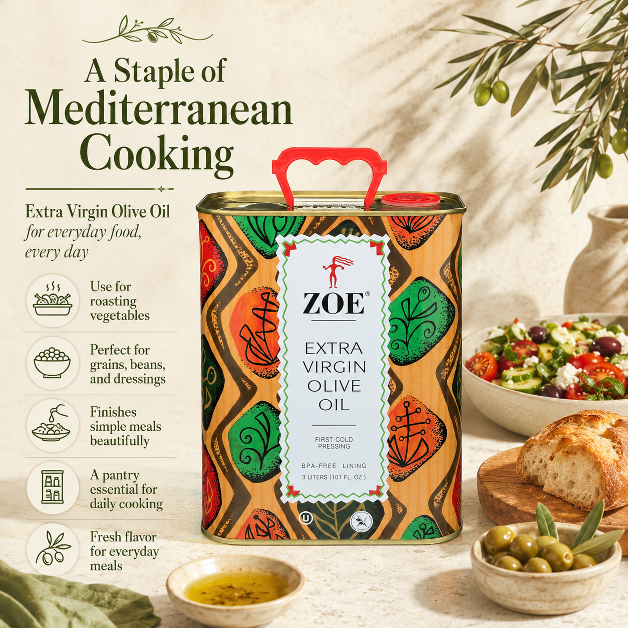 ZOE EVOO 3L tin, kitchen staple infographic