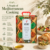 ZOE EVOO 3L tin, kitchen staple infographic