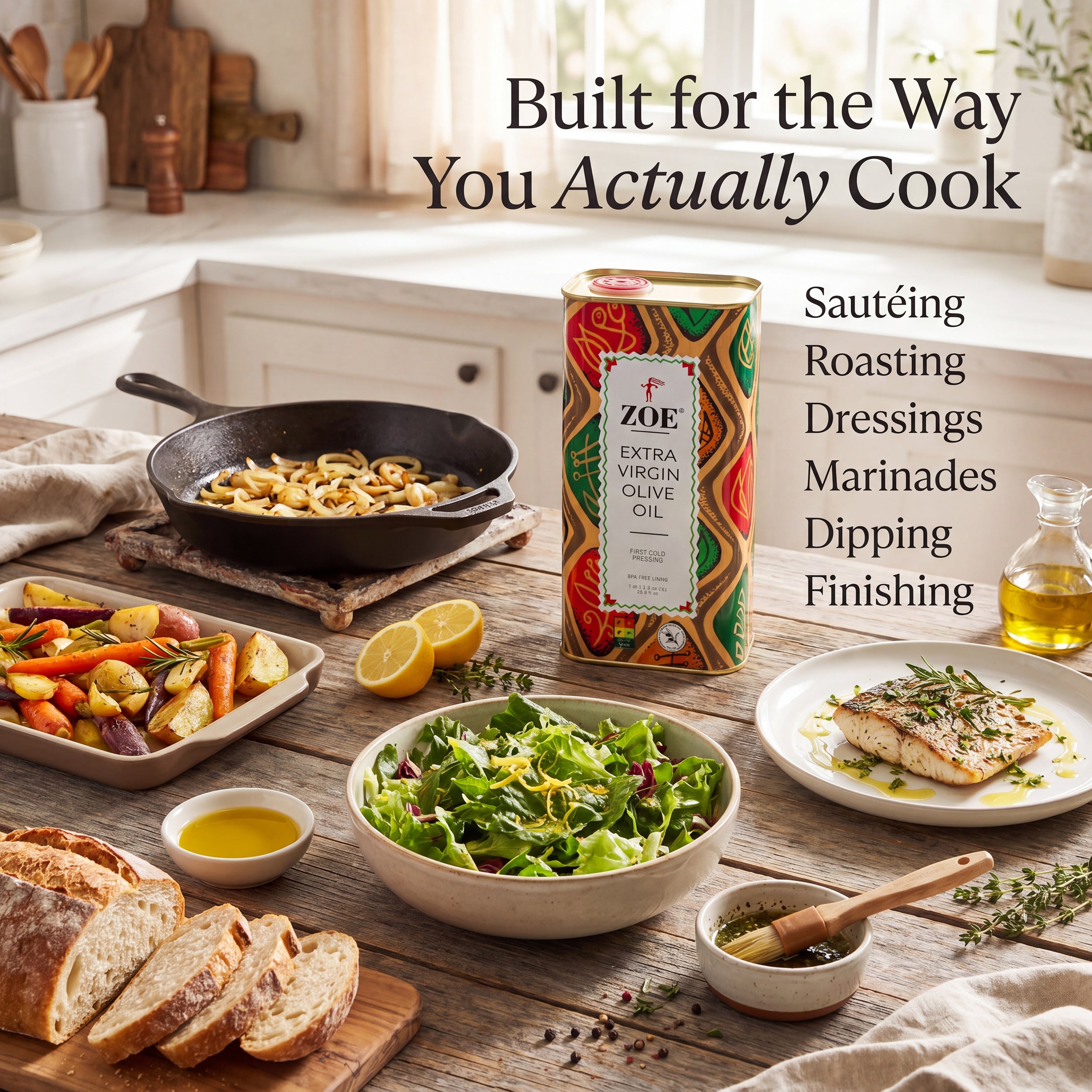 ZOE EVOO 1L tin, built for the way you cook infographic