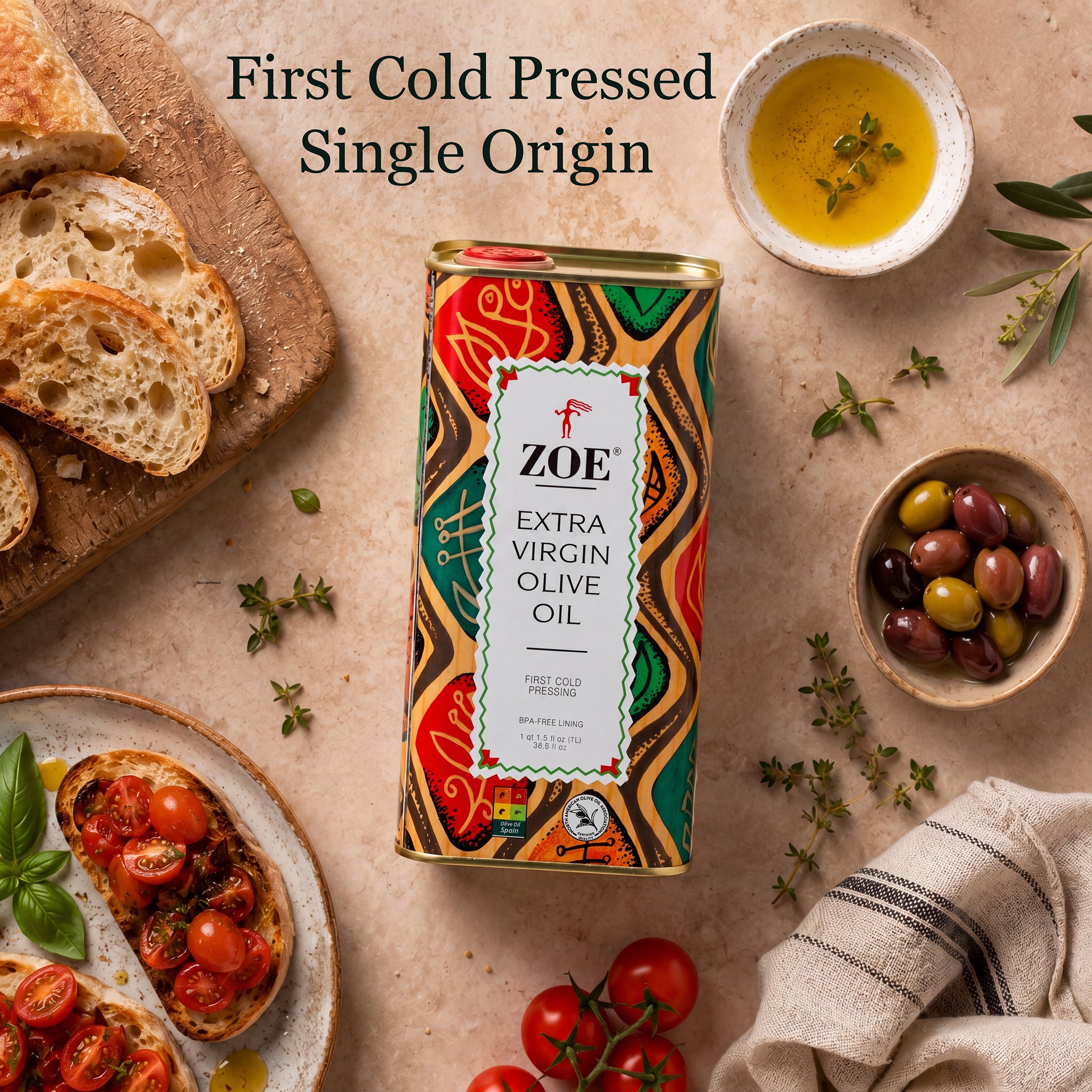 ZOE EVOO 1L tin, first cold press flat lay