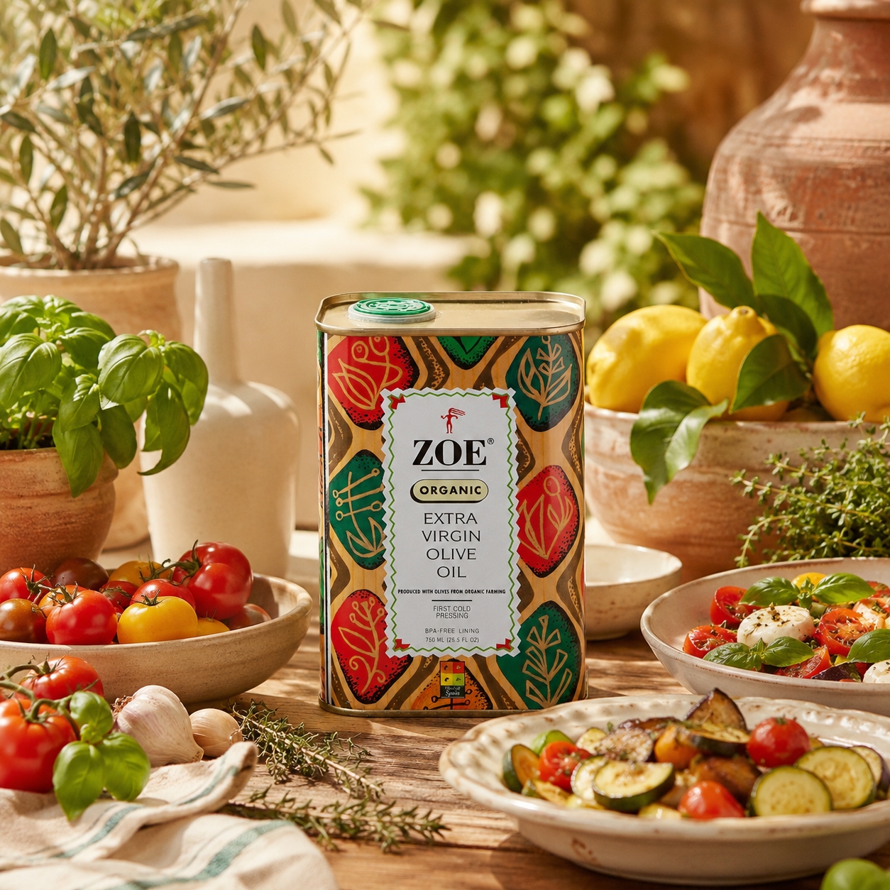 ZOE Organic EVOO 740ml tin, garden table lifestyle shot