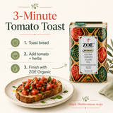 ZOE Organic EVOO, three-minute tomato toast recipe infographic