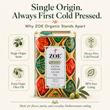 ZOE Organic EVOO, single origin first cold press infographic