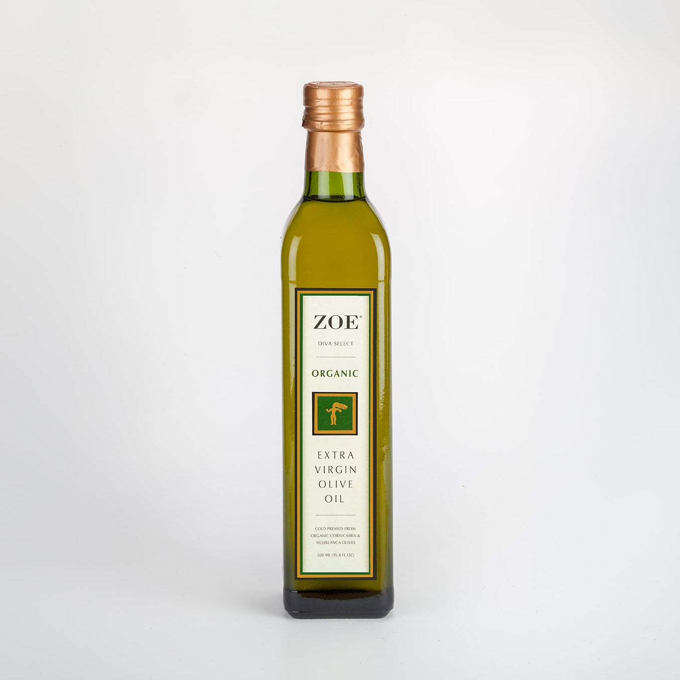 ZOE Diva Select Organic Extra Virgin Olive Oil 500ml bottle, hero pack shot