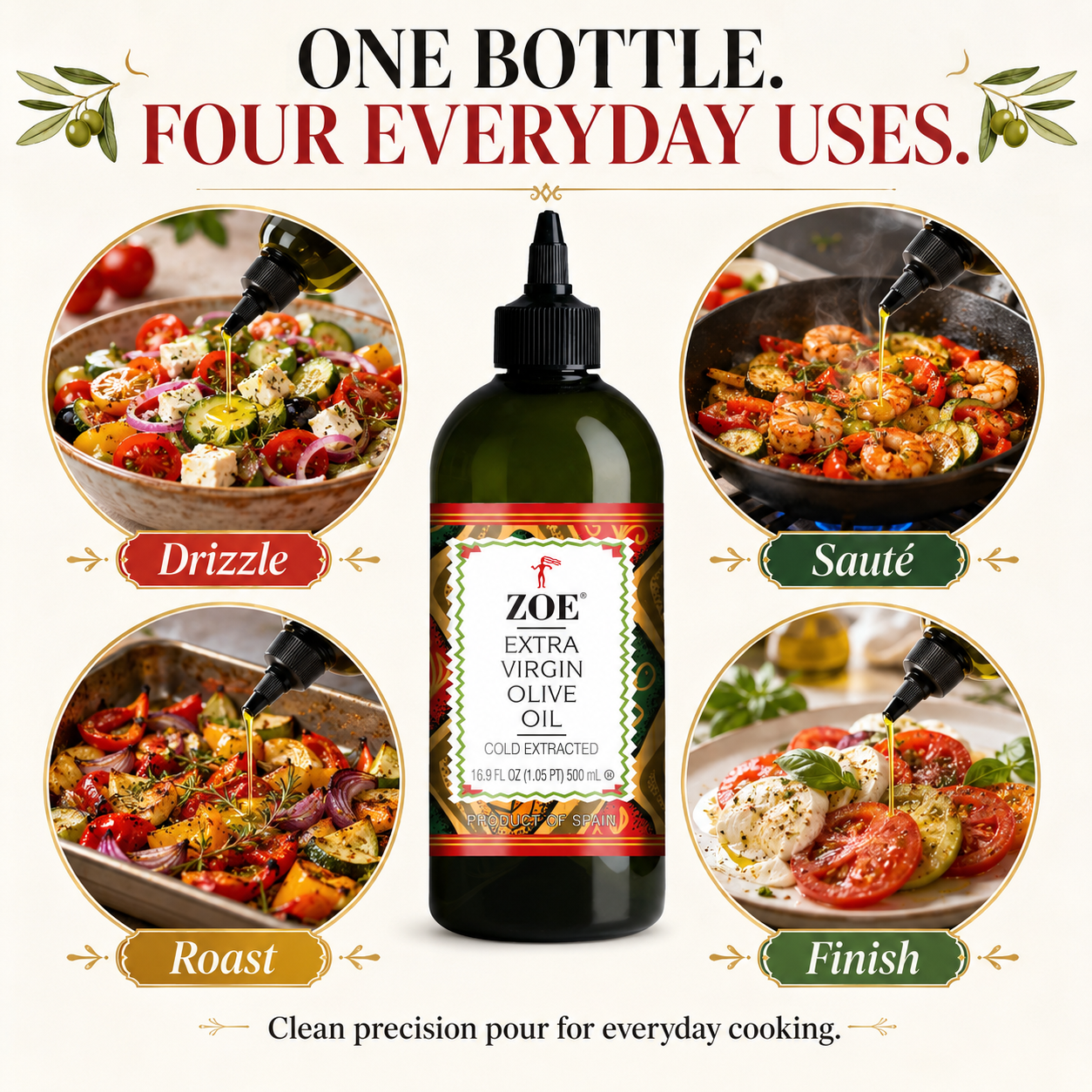 ZOE Squeeze Bottle, one bottle four uses infographic