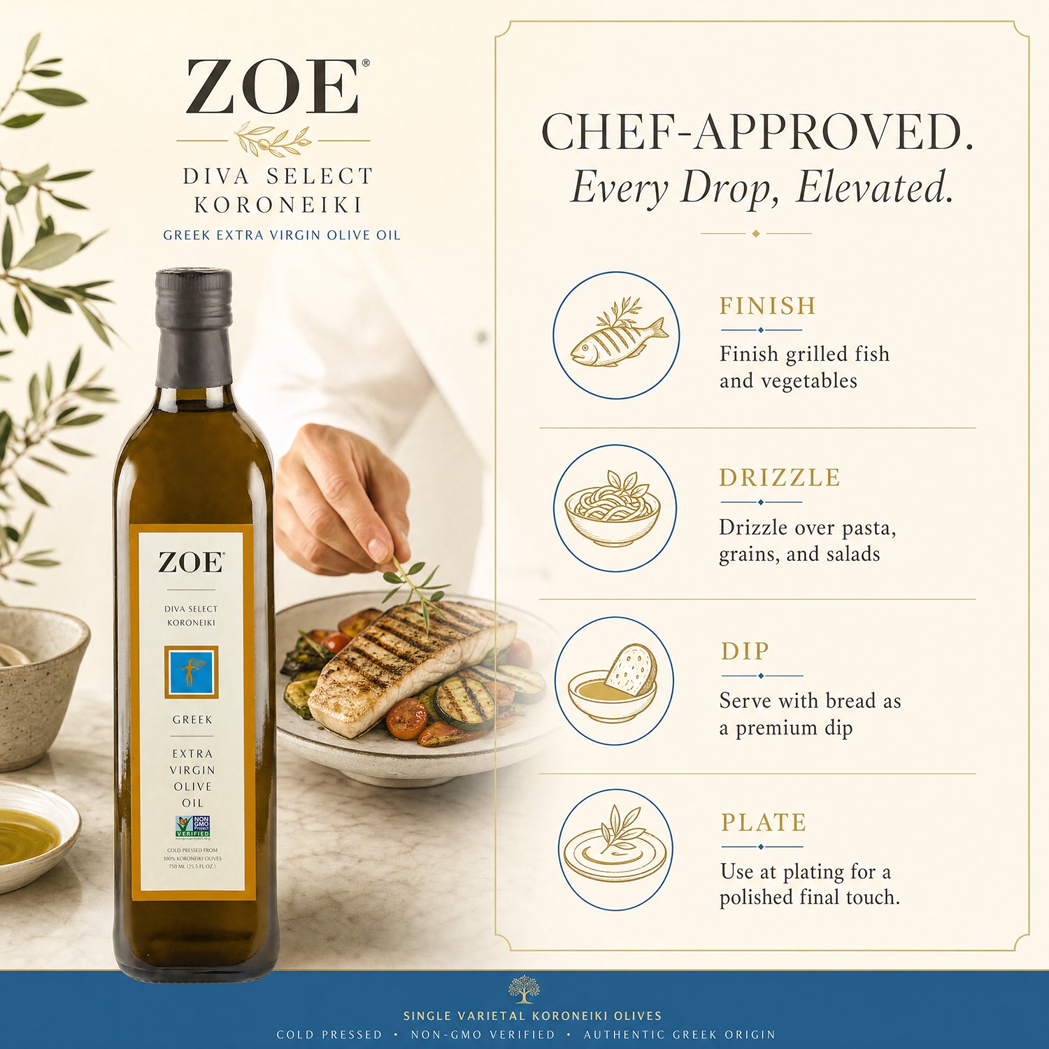 ZOE Diva Select Greek EVOO 750ml bottle, table lifestyle shot