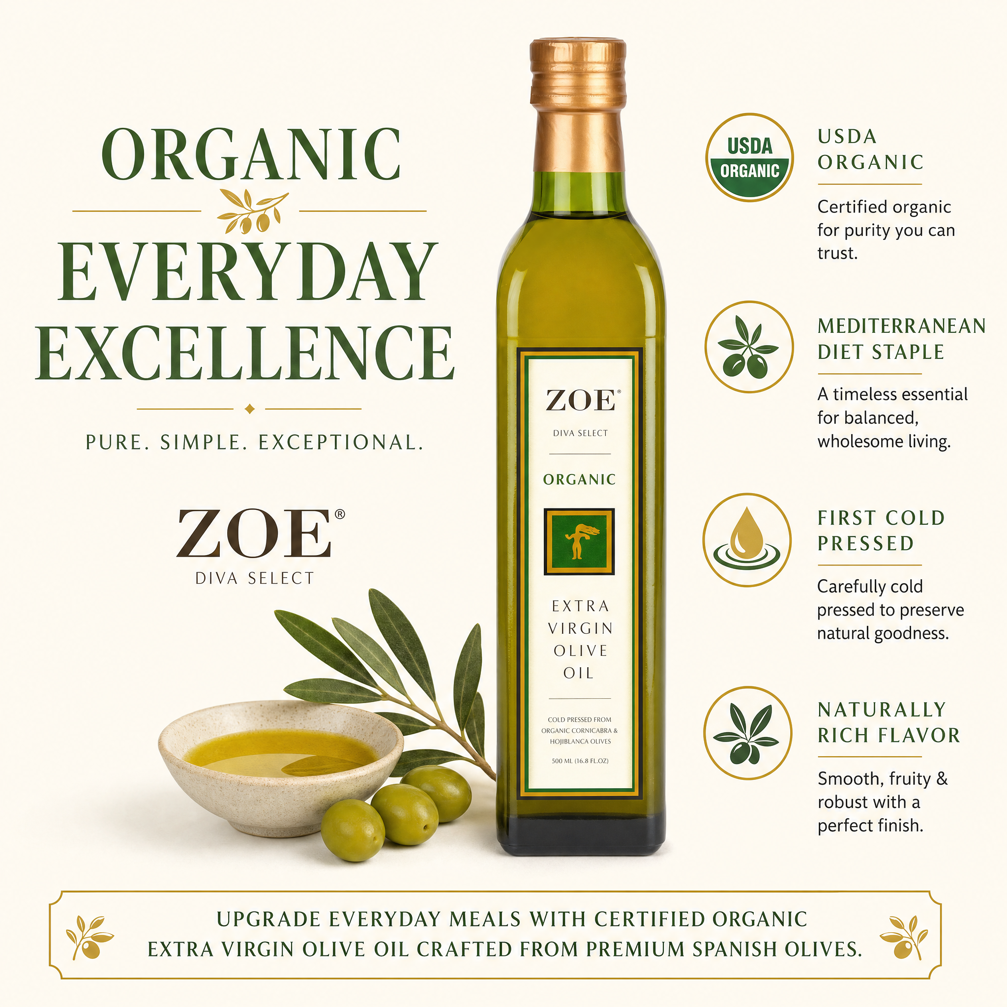 ZOE Diva Select Organic EVOO 500ml bottle, lifestyle shot