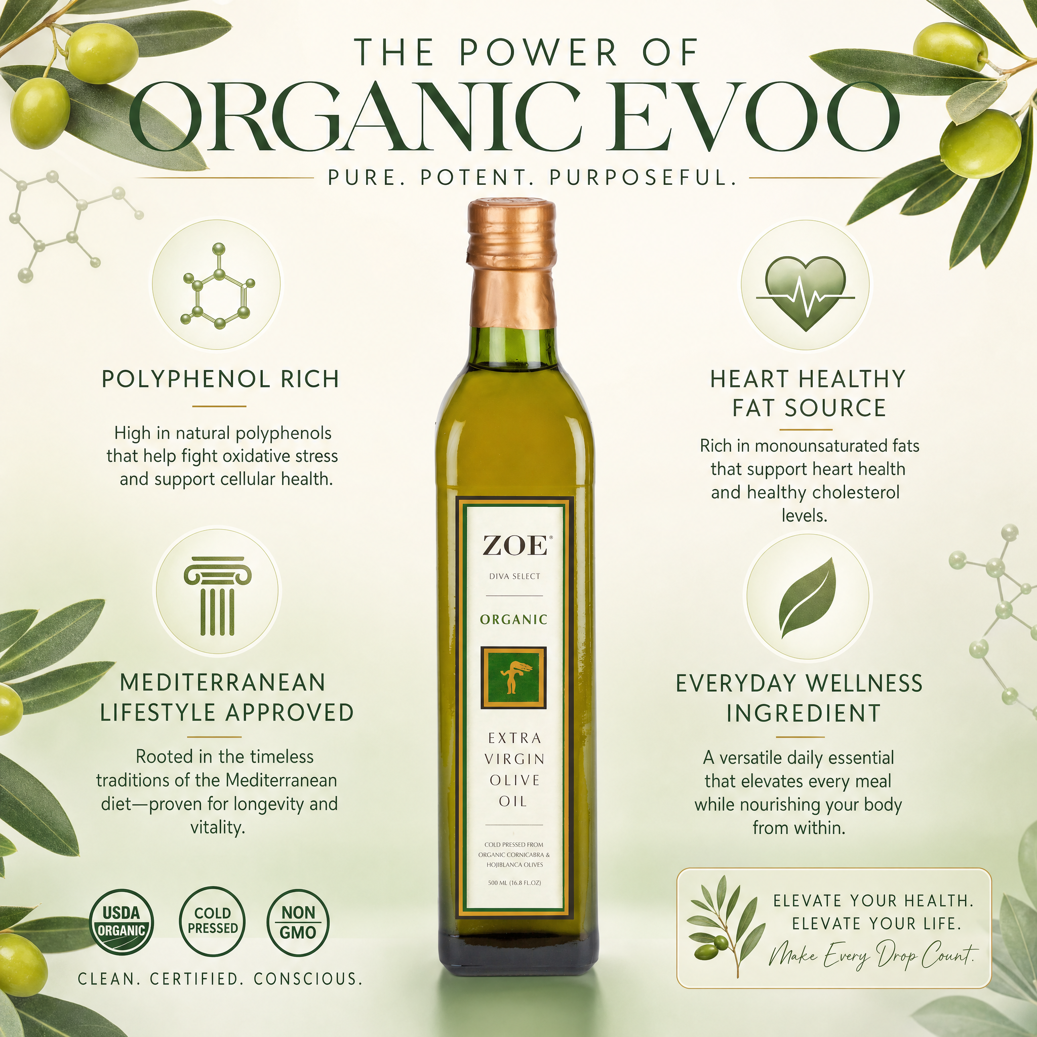 ZOE Diva Select Organic EVOO 500ml bottle, lifestyle shot