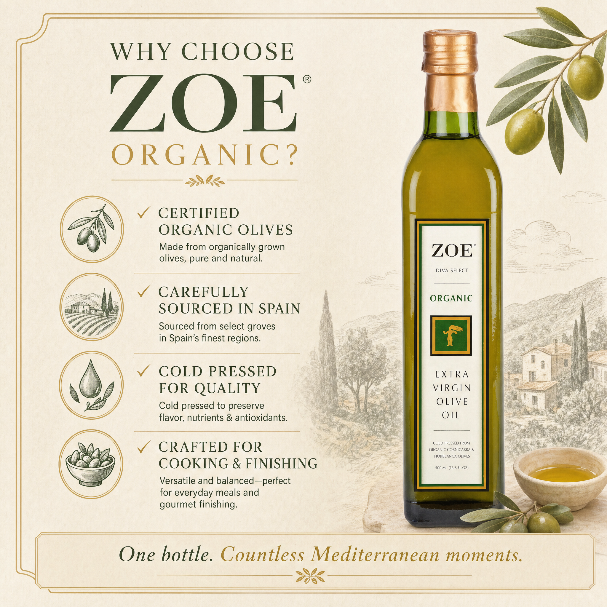 ZOE Diva Select Organic EVOO 500ml bottle, lifestyle shot