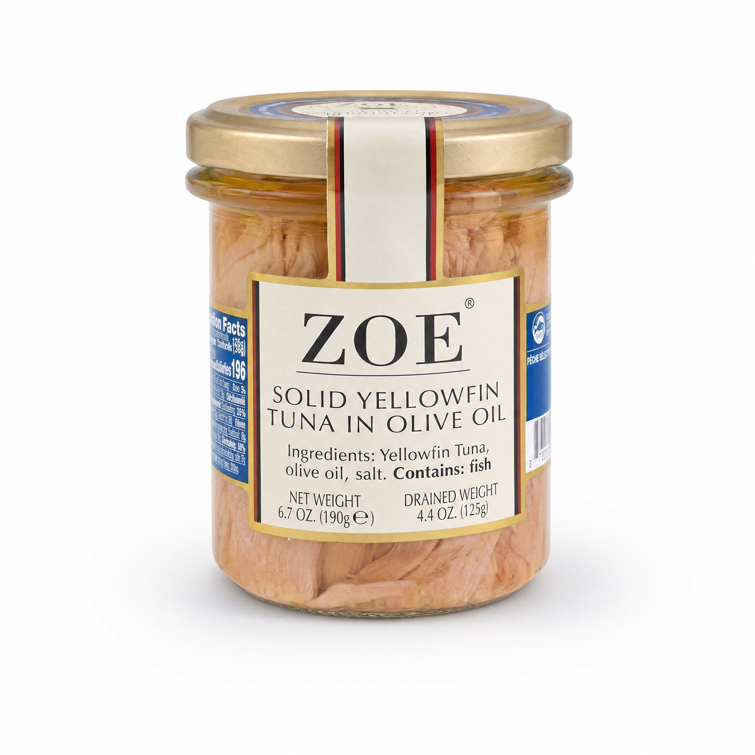 ZOE Diva Select Yellowfin Tuna in Olive Oil, glass jar pack shot