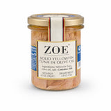 ZOE Diva Select Yellowfin Tuna in Olive Oil, glass jar pack shot